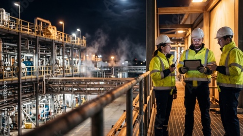 Night Shift at the Plant: Three engineers in safety gear confer on a walkway within an industrial plant at night, illuminated by artificial lights and the moonlight above.