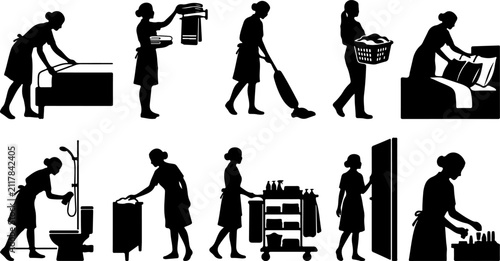 Set of silhouettes of a maid performing various housekeeping tasks vector illustration