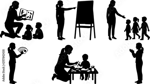 Set of silhouettes of a teacher and children in various classroom activities vector illustration