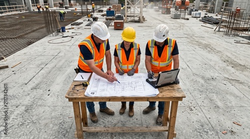 Construction Project Review: Three construction workers in hard hats and safety vests gather around a table, intently reviewing blueprints and a laptop on a large building site.