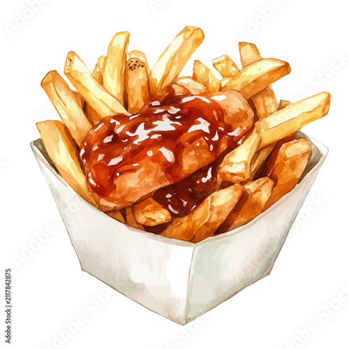 Poutine, watercolor artwork with bold brush accents and dynamic composition, isolated on a white background.