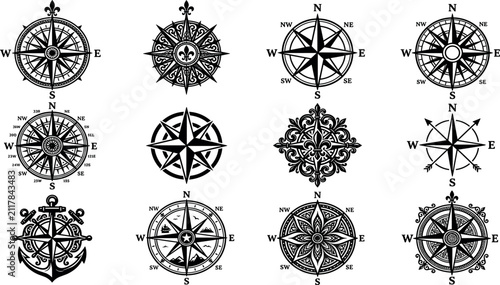 Fotografie Vintage nautical compass rose vector set featuring ornate wind rose navigation i