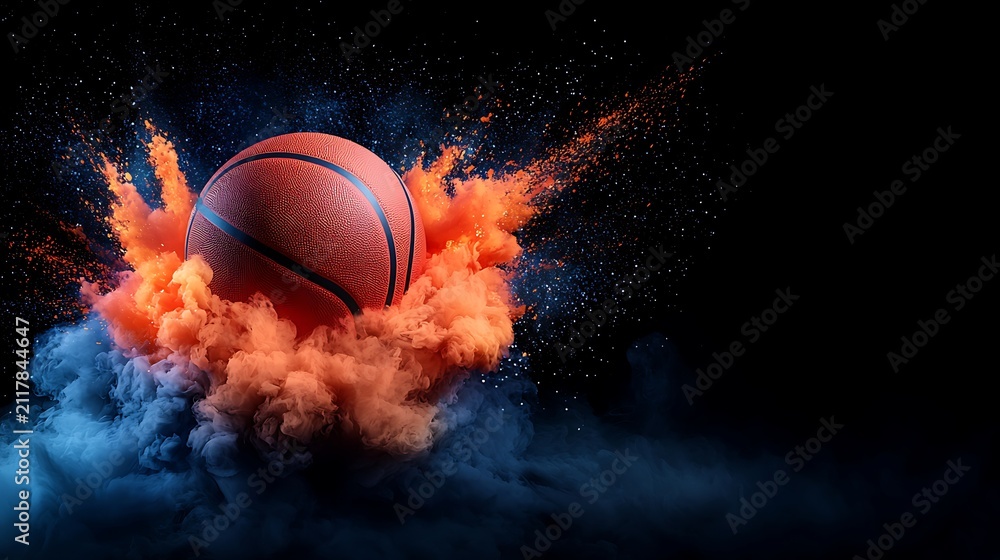 Fototapeta premium Basketball Dramatic Sports Wallpaper Basketball Exploding Through Vibrant Orange and Blue Smoke on Dark Background Representing Powerful Sports Action and Energy