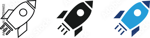 Rocket ship icon set in outline and solid styles, 3 space shuttle vector elements, blue and black spaceship symbols for business startup and launch