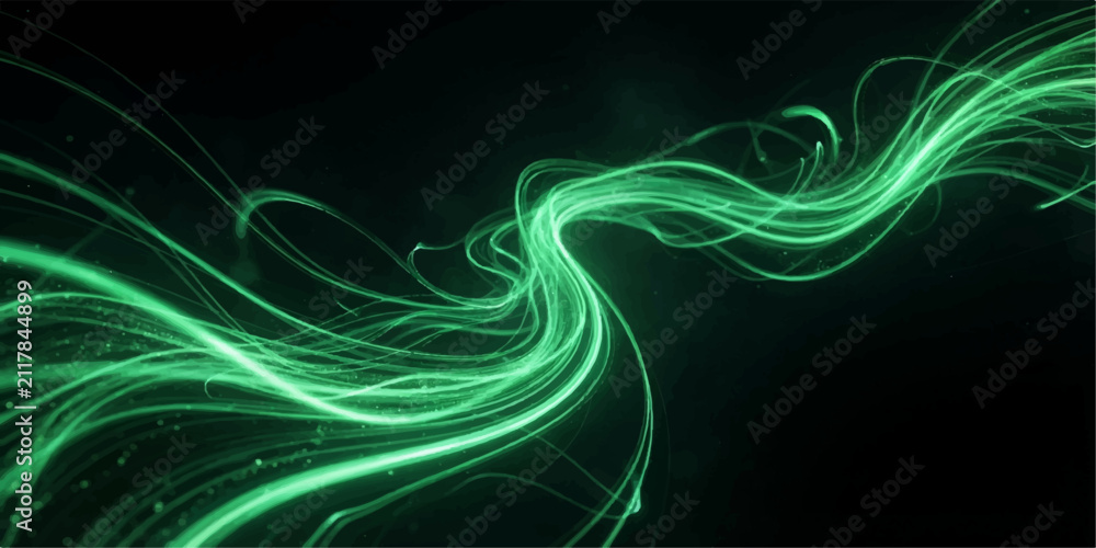 Fototapeta premium Abstract Green Light Wave Background. Glowing flowing energy trails with luminous abstract motion. Futuristic backdrop for technology branding