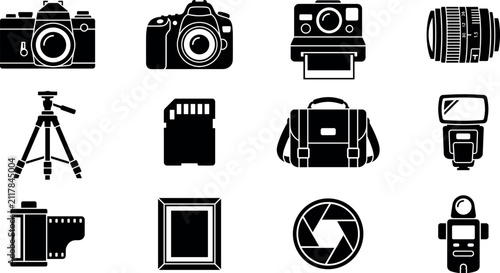 Fotografía Photography equipment icon vector set featuring black silhouettes of dslr camera