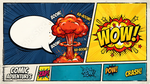 Comic book adventure page with explosion and empty speech bubble adventure explosion template background dramatic illustration colorful halftone creative cartoonish comicbook abstract