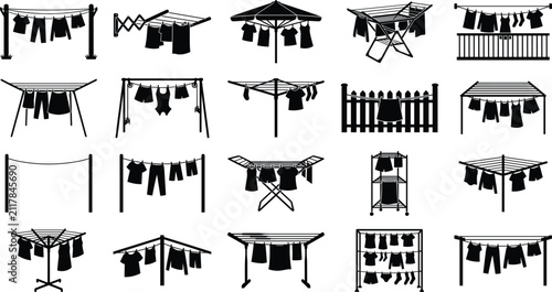 Fotografía Black silhouette vector icon set of laundry drying racks and clotheslines featur