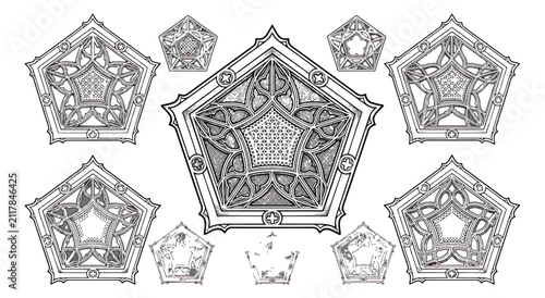 фотографія Gothic architectural pentagon ornaments, medieval stone tracery window frames, s