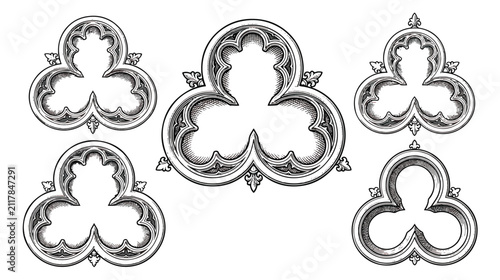 Fotografie Gothic trefoil architectural ornaments, set of 5 medieval stone carving vector e