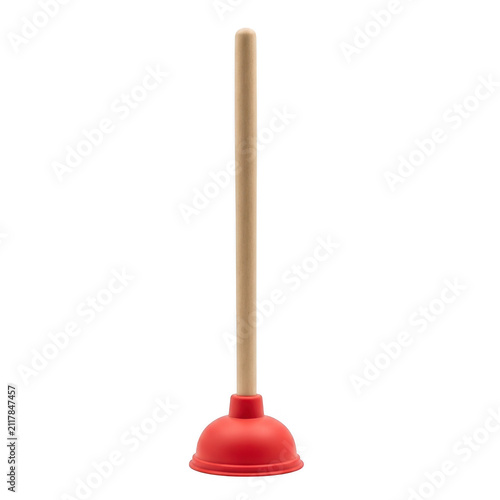 Red rubber sink plunger with wooden handle for unclogging drains