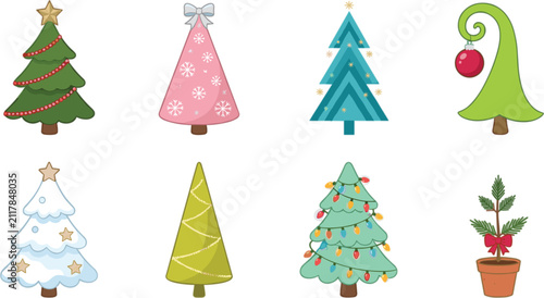 Christmas tree cartoon elements collection set on white background