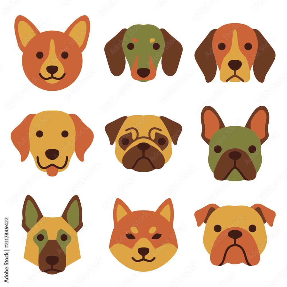 Fototapeta premium Set of cute flat style vector illustrations featuring diverse dog breeds heads in various warm and earthy colors