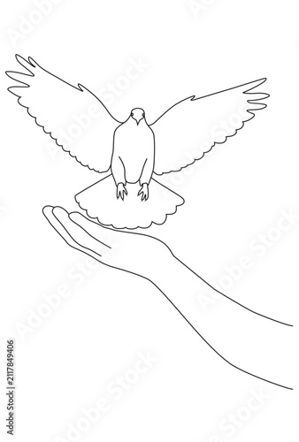 Flying Dove Above Open Hand Symbol of Peace and Freedom Line Art Illustration