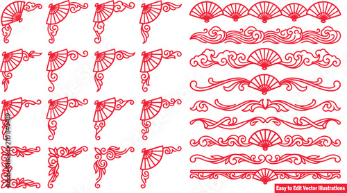 Set of traditional chinese decorative corner and border elements with folding fans and cloud patterns