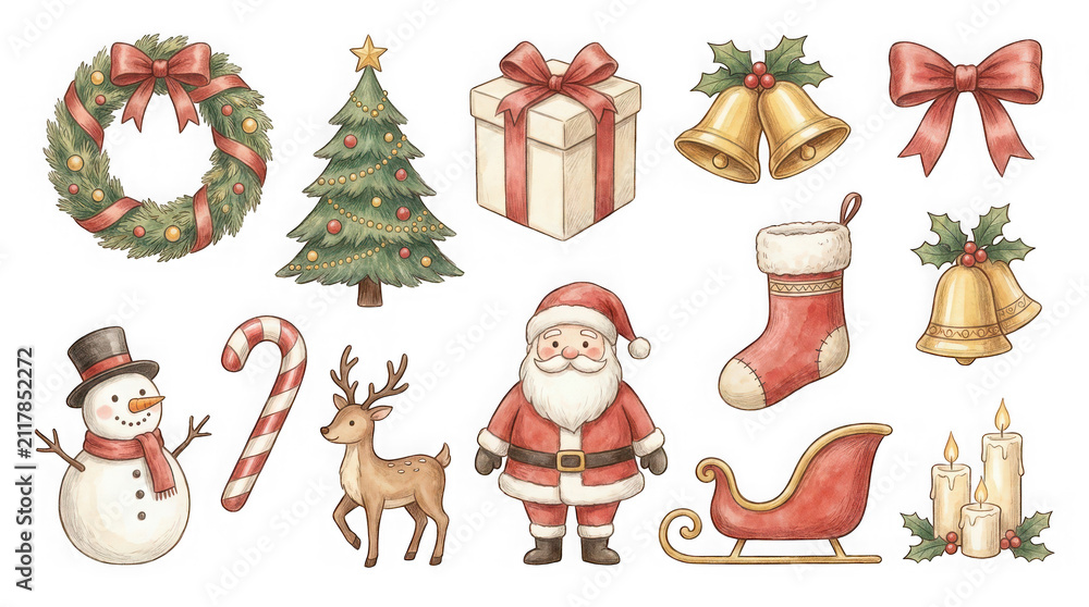 Fototapeta premium Handdrawn watercolor style christmas set with wreath, tree, gifts, bells, snowman, reindeer, santa claus, sleigh, and candles isolated on transparent background