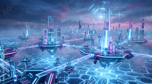 Panoramic Digital Metaverse Landscape with Floating Platforms and Glass Towers