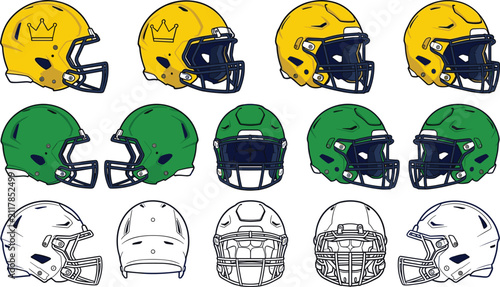 Fotografie American football helmets set in multiple angles featuring yellow green and line