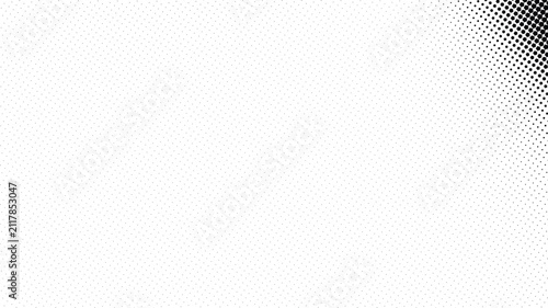 Halftone dot gradient background. Abstract monochrome texture with black corner pattern.