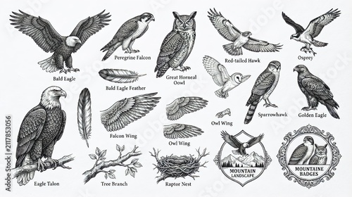 Hand-drawn birds of prey and raptors elements set vector illustration draw