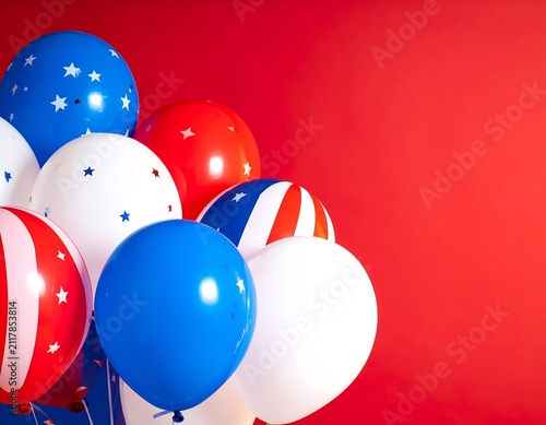 Festive Patriot Balloons on Bright Red Background, Vibrant Celebration Decoration for National Pride, Independence Day and Patriotic Holiday Events