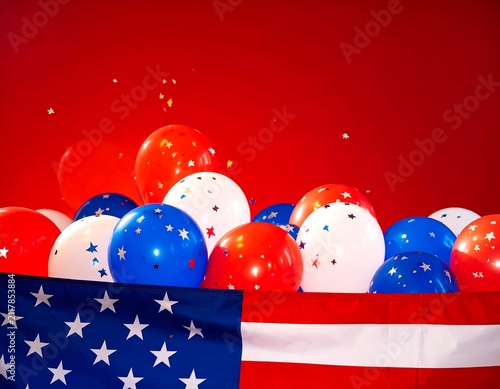 Festive Patriot Balloons on Bright Red Background, Vibrant Celebration Decoration for National Pride, Independence Day and Patriotic Holiday Events