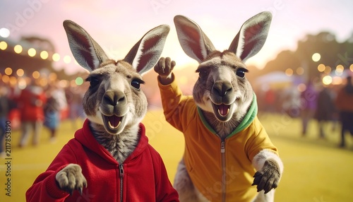 Festive Kangaroo Duo Standing Together on Light Yellow Background, Adorable Australian Wildlife Celebration Concept with Playful and Cheerful Style