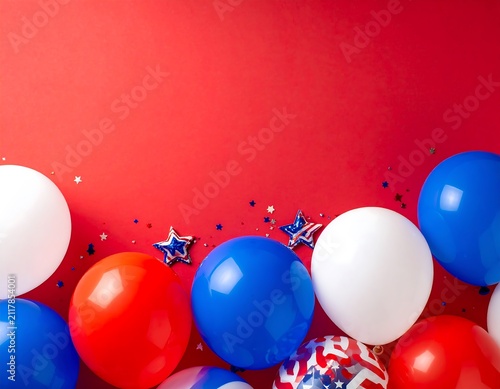 Festive Patriot Balloons on Bright Red Background, Vibrant Celebration Decoration for National Pride, Independence Day and Patriotic Holiday Events