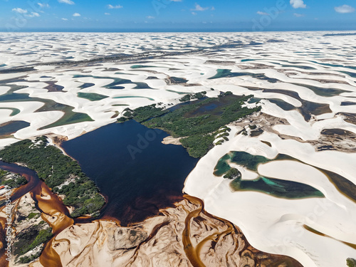 Lençóis Maranhenses – aerial view of the sea of ​​dunes and lagoons in Lençóis Maranhenses National Park.