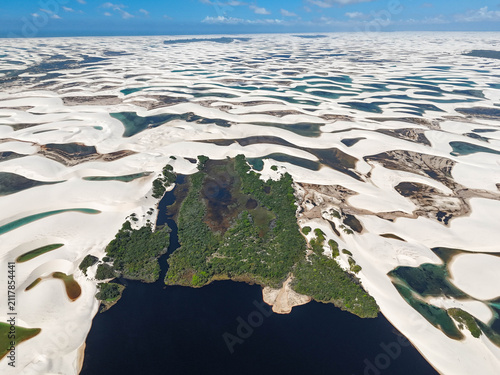 Lençóis Maranhenses – aerial view of the sea of ​​dunes and lagoons in Lençóis Maranhenses National Park.