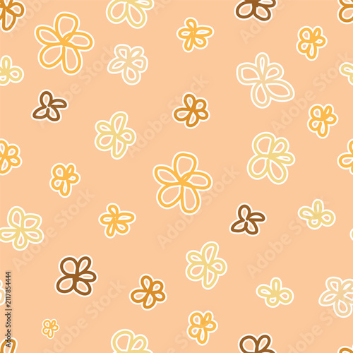 A seamless pattern featuring a delicate floral design on a warm peach background. Flowers created using outlines in various colors.