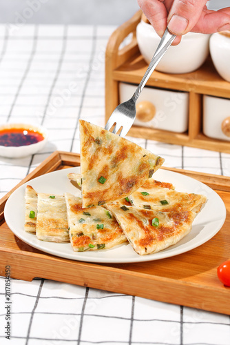 Photography Traditional Chinese Scallion Pancakes with Dipping Sauce - Asian Breakfast Food