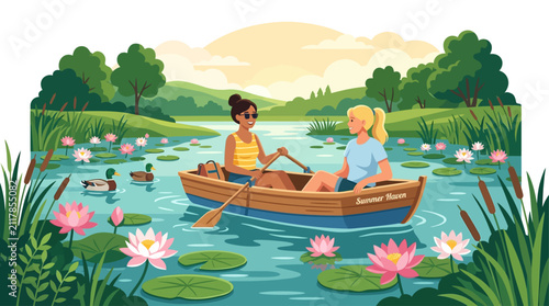 Summer boating with friends on a serene lake
