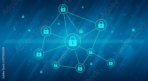 Digital Cybersecurity Network Architecture Featuring Interconnected Data Protection Padlocks on a Futuristic Blue Tech Background