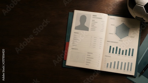 sports football scouting report book with player profile charts and performance records on a desk

