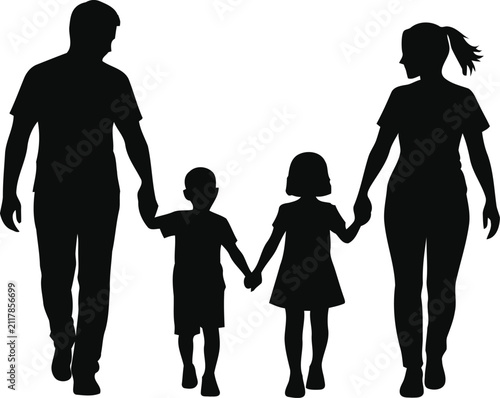 Family Walking Silhouettes Vector Collection, Parents and Children Holding Hands, Happy Family Black Isolated Bundle