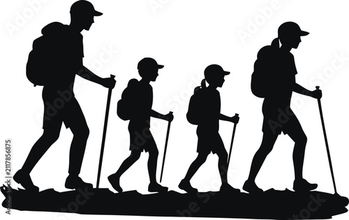 Family Hiking Silhouette Vector Collection, Backpackers Trekking Adventure, Outdoor Walking, Mountain Travel, Black Isolated Silhouettes