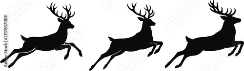 Leaping Deer Silhouettes Vector Collection, Jumping Stag Wildlife, Forest Animal, Black Isolated Nature Bundle