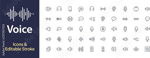 Obraz na płótnie Voice, outline icon collection with microphone, sound wave, speech bubble, audio, recording and voice recognition symbols, editable vector set