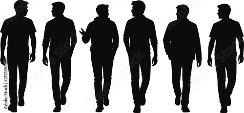 Men Walking Silhouettes Vector Collection, Male People Poses, Casual Walking, Black Isolated Human Bundle