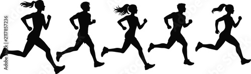 Running Silhouettes Vector Collection, Men and Women Runners, Sprint Fitness Sport, Black Isolated Bundle