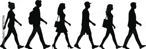 Walking People Silhouettes Vector Set, Male Female Pedestrian Collection, Human Walking Poses, Black Isolated Illustration