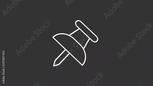 Animated minimalist push pin white line icon. Shaking sharp metal needle tip animation. Office supply. Isolated element on dark background. Alpha transparent video