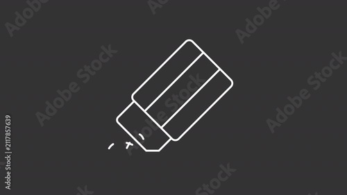 Animated shaking angled block eraser white line icon. Moving pencil eraser crumbs animation. School supply tool. Isolated element on dark background. Alpha transparent video