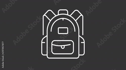 Animated shaking backpack white line icon. Travel bag animation. Moving zip line. Frontal product perspective. Adventure equipment. Isolated element on dark background. Alpha transparent video