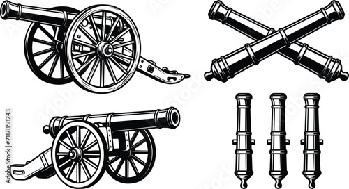 Принти на полотні Vintage artillery cannon collection in detailed woodcut style with crossed barre