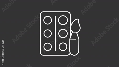 Watercolor paint palette instruments white line animation. Art equipment animated icon. Painting tools. Shaking brush. Isolated element on dark background. Alpha transparent video