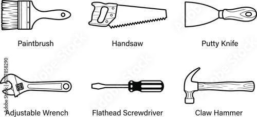 Foto Set of hand tool illustrations including a paint brush hand saw putty knife adju