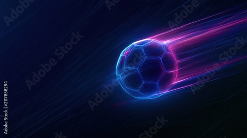 A glowing soccer ball flying through the air with a vibrant blue and purple neon light trail on dark background