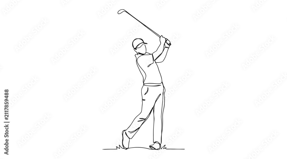 Fototapeta premium Continuous line art of a man playing golf with recreation activity exercise movement minimalist swinging